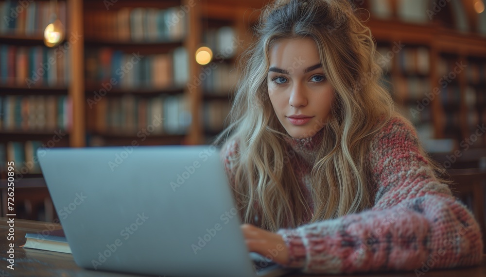 Library Learning: Female Student Studying with Laptop