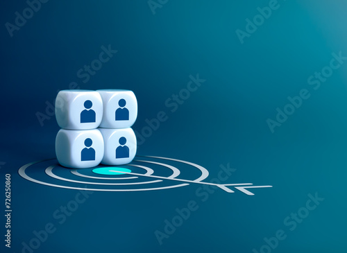 Stakeholder, business connection, partnership, HR, teamwork, and team building concept. Human icons as businessman on white blocks stack with target icon symbol on blue background with copy space.