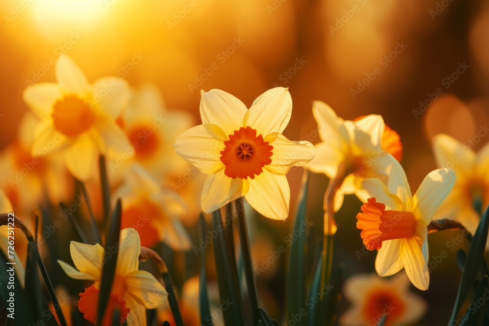 Close-up photography of a field of Daffodils under the beautiful golden morning sunlight. Spring Flowers Background. Close-up photography of a field of Daffodils under the beautiful golden morning sunlight. Spring Flowers Background.