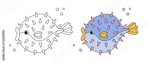 Cute puffer fish cartoon coloring page illustration vector. For kids coloring book. Monochrome and color version. Vector stock childrens illustration