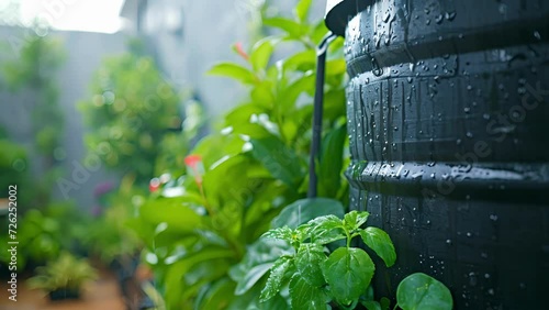 A closeup of a rain barrel attached to a downspout showcasing an ecofriendly and costeffective od of rainwater harvesting for watering office plants. photo