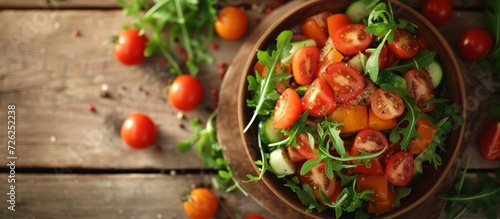 Cooking vegetable salad on a wooden table to promote an ecological food and vegetable diet.