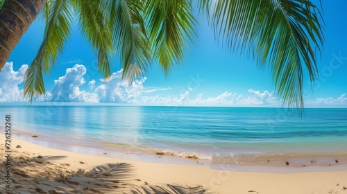 Palm tree beach panorama, tranquil tropical banner photo