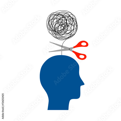 Reduce anxiety or stress, psychotherapy to cure mental health problem or depression, relaxation or relief to cure overworked concept. Scissors to cut chaos messy balloon on human head.