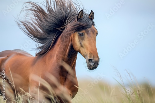 wild horse galloping, mane flying close to lens