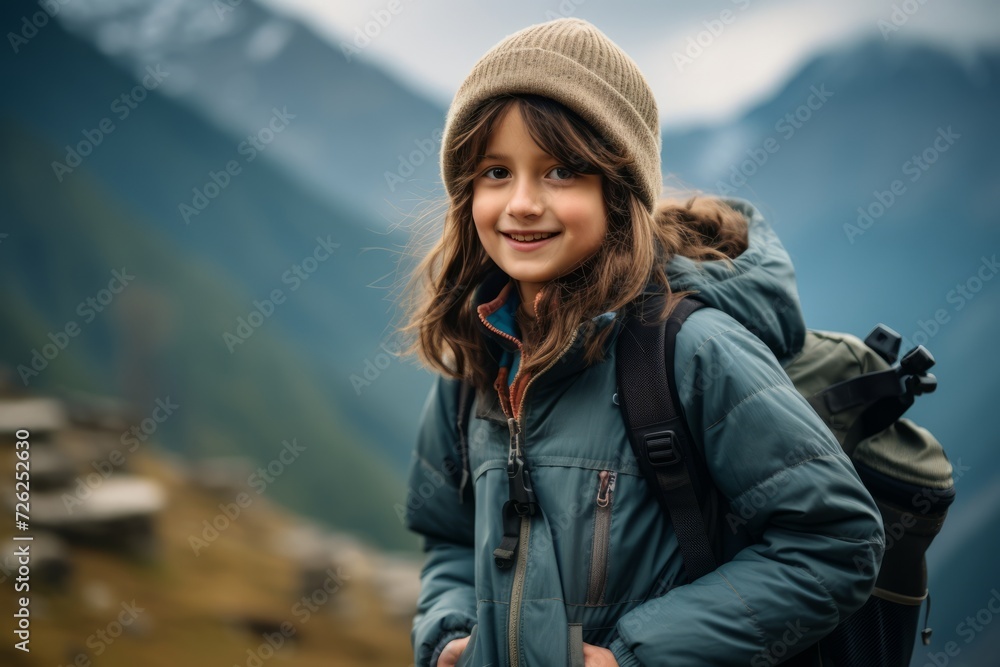 Portrait of a smiling girl with a backpack in the mountains. Portrait of a smiling girl with a backpack in the mountains.