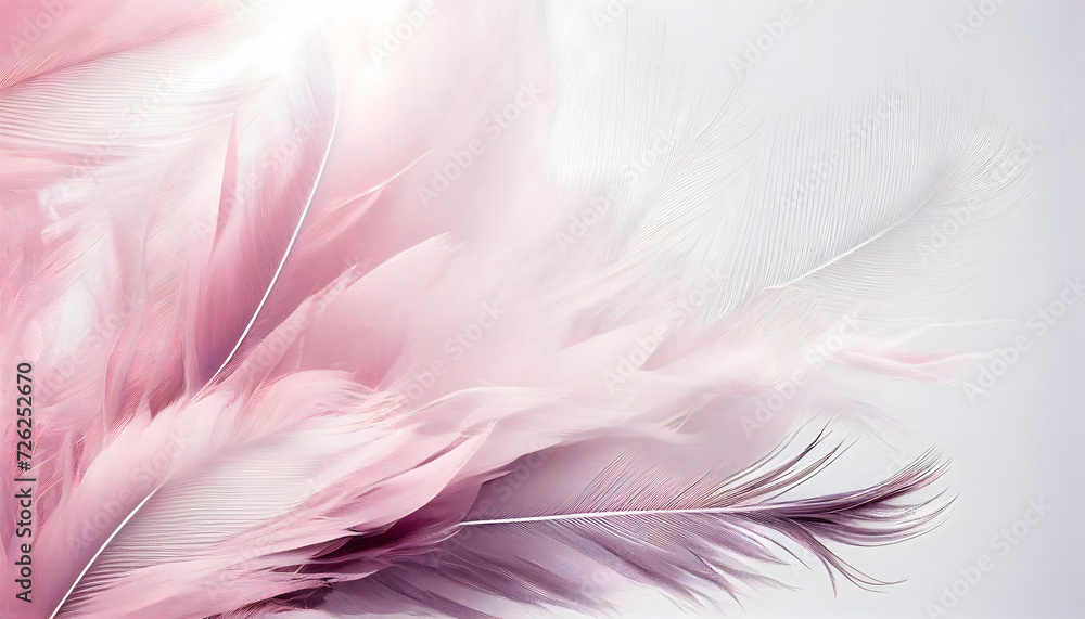 Beautiful abstract soft pink feathers on white background, pink background, feather background, banner. Generative AI.