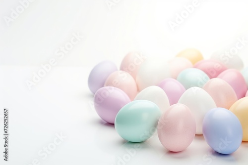 Happy easter concept. Scattered easter eggs in pastel colors on a white tabletop