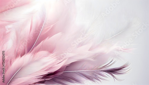 Beautiful abstract soft pink feathers on white background  pink background  feather background  banner. Generative AI.