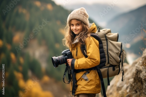 A girl with a backpack and a photo camera on the background of the mountains. © Nerea