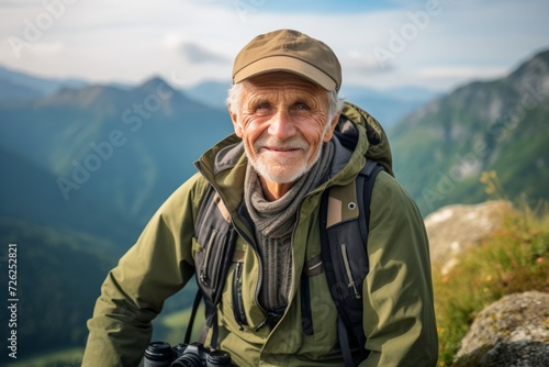 Portrait of senior man with backpack and binoculars in mountains