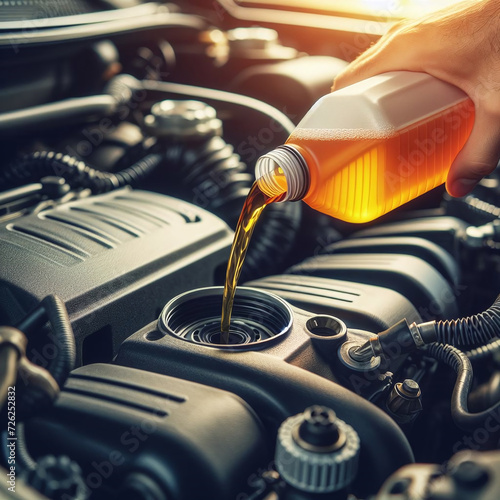 Close up of male hand pouring oil into car engine. Car maintenance concept. photo