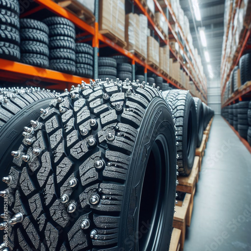 Car tires on shelves in warehouse, toned image with shallow depth of field