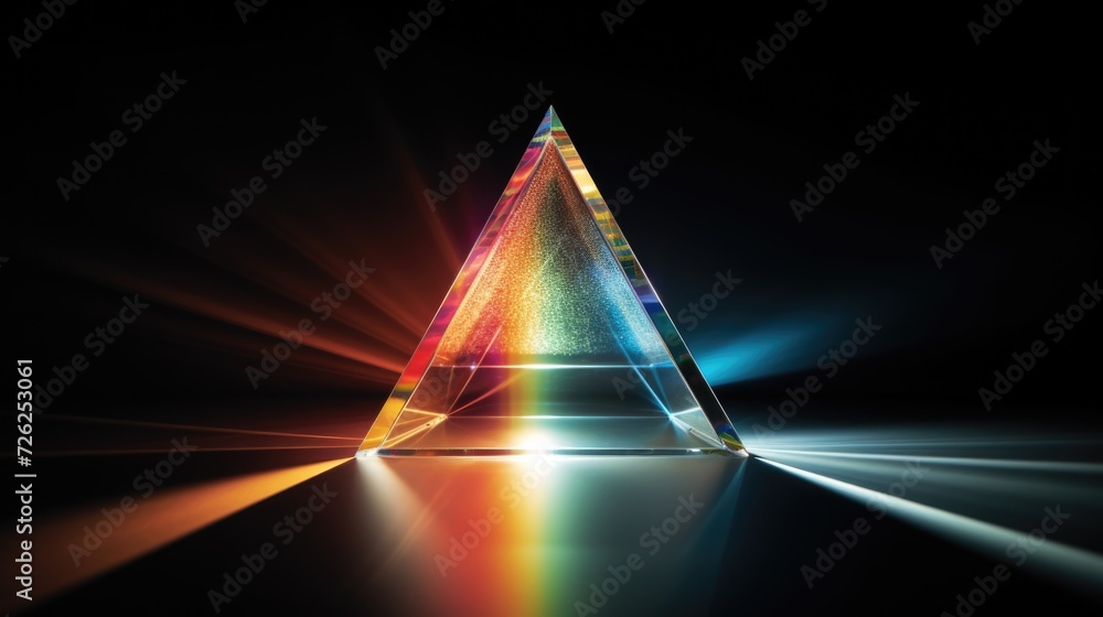 colorful glass prism triangle light dispersion in dark background, ai - obrazy, fototapety, plakaty 