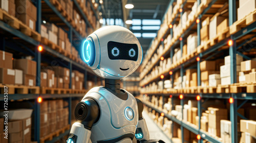 Autonomous Robot Navigating a Warehouse Aisle.An intelligent robotics system, designed for logistics, efficiently managing inventory in a large warehouse environment.
