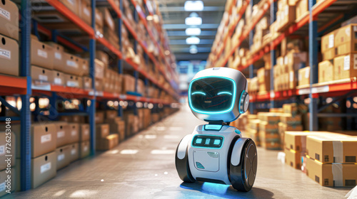 Wallpaper Mural Autonomous Robot Navigating a Warehouse Aisle.An intelligent robotics system, designed for logistics, efficiently managing inventory in a large warehouse environment. Torontodigital.ca