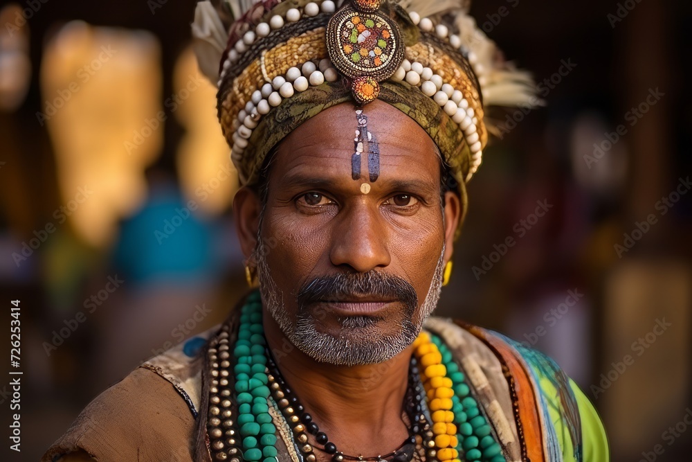 Portrait of an Indian man wearing traditional clothes and a headdress