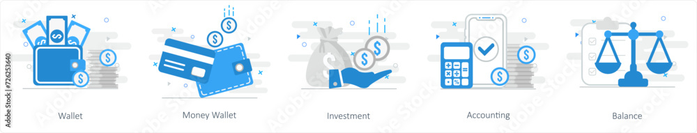 A set of 5 mix icons as wallet, money wallet, investment A set of 5 mix icons as wallet, money wallet, investment