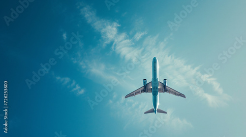Flying airplane in blue sky