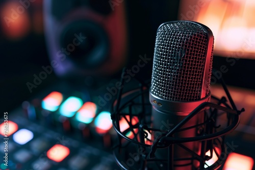 closeup of a microphone with led lights and podcasting equipment