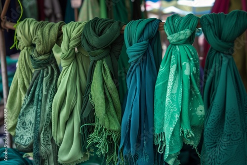 scarves in various shades of green on a portable market stall photo