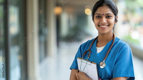 Portrait of an Indian Female Doctor Holding Medical File in a Hospital