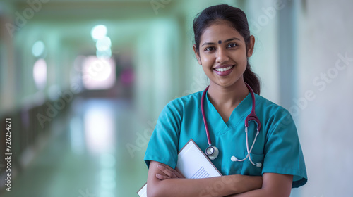 Portrait of an Indian Female Doctor Holding Medical File in a Hospital