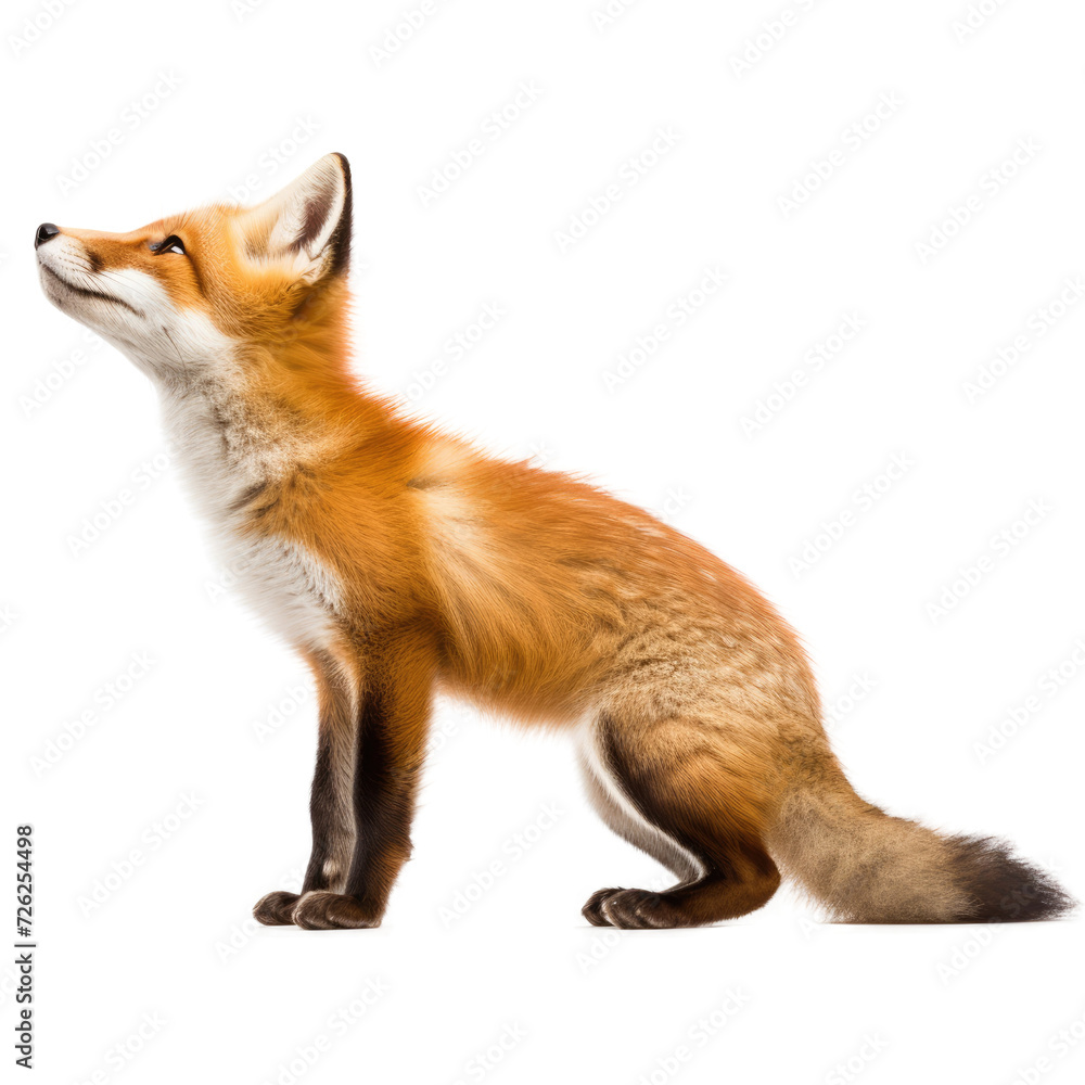 Side view of a Red fox looking up, two years old, isolated on ...