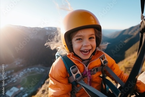 happy child girl in helmet on top of mountain, extreme sport concept