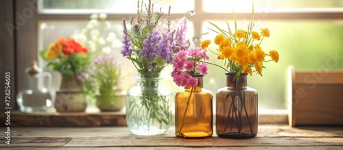 Mini bottles of flowers and cutting boards create a spring ambiance.