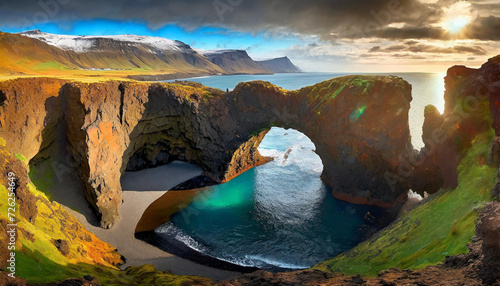 Beautiful view of the Gatklettur , Hellnar arch, Iceland