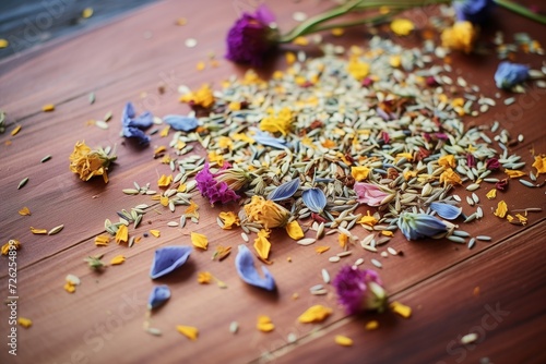 scattered dried herbs and flower petals on wooden board