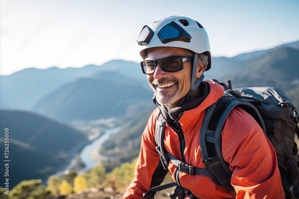 Portrait of a happy senior male mountain climber wearing helmet and glasses Portrait of a happy senior male mountain climber wearing helmet and glasses