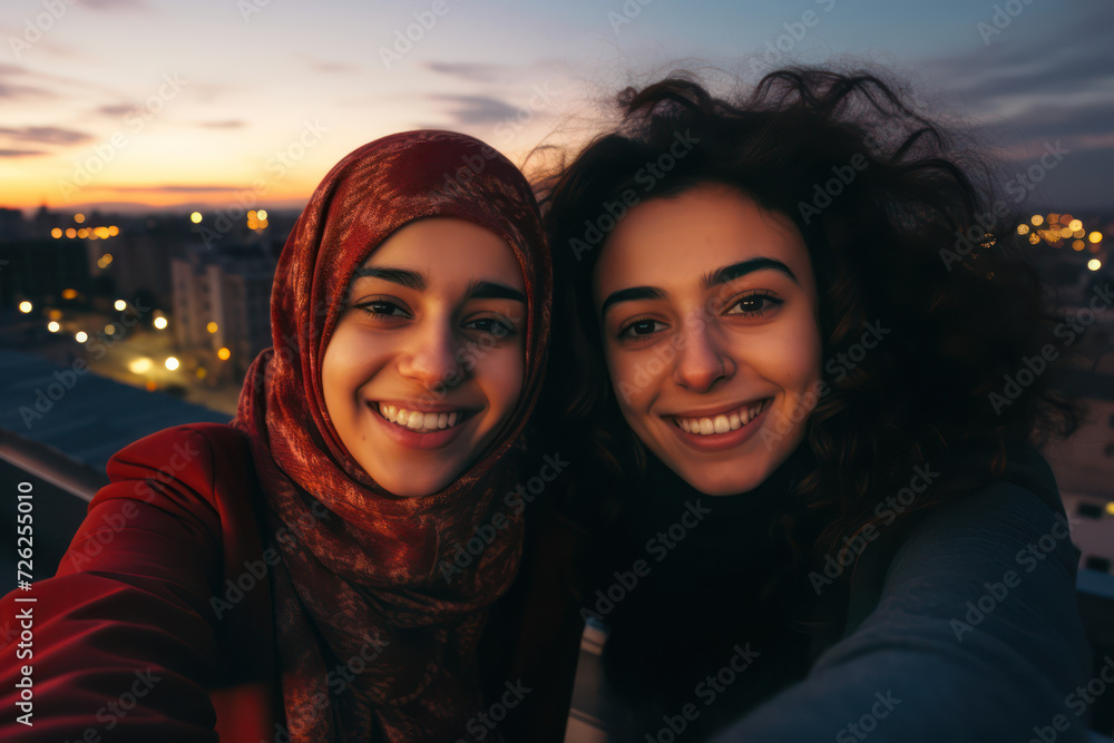 17-year-old Middle Eastern girls, capturing a sweet selfie together on a city rooftop at dusk first teenage crush 17-year-old Middle Eastern girls, capturing a sweet selfie together on a city rooftop at dusk first teenage crush