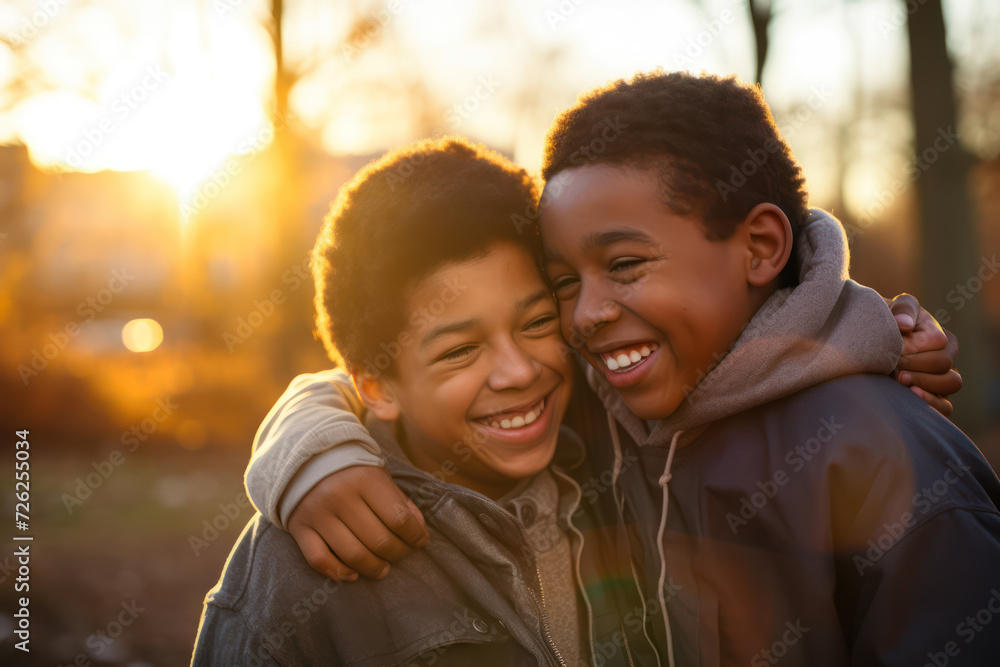 11-year-old African American boys, sharing a warm, friendly hug in a sunlit park first teenage crush 11-year-old African American boys, sharing a warm, friendly hug in a sunlit park first teenage crush