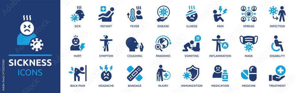Sickness icon set. Containing disease, fever, patient, sick, illness, infection, symptom, injury, pain and more. Solid vector icons collection. - obrazy, fototapety, plakaty 