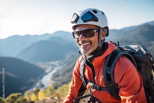 Portrait of a happy senior male mountain climber wearing helmet and glasses © Nerea