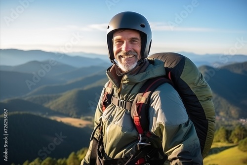 Portrait of happy senior man with helmet and backpack on mountain peak