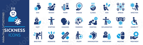 Sickness icon set. Containing disease, fever, patient, sick, illness, infection, symptom, injury, pain and more. Solid vector icons collection. photo
