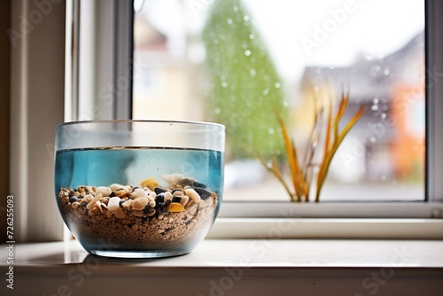 glass bowl filled with aquarium gravel on a window sill photo