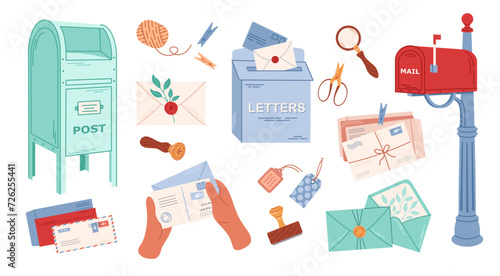Set of mail items. Sealing wax, postal envelopes and cards. Different postboxes. Delivery, message, communication concept. Isolated vector illustration. photo