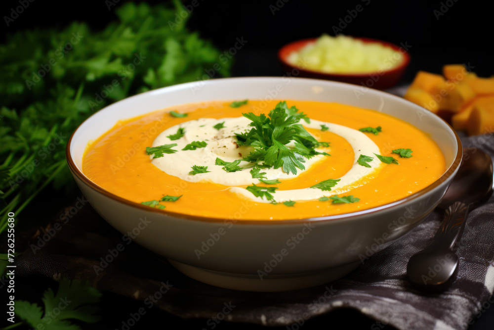 A creamy vegan carrot and ginger soup, served in a white bowl, garnished with coconut cream and parsley A creamy vegan carrot and ginger soup, served in a white bowl, garnished with coconut cream and parsley