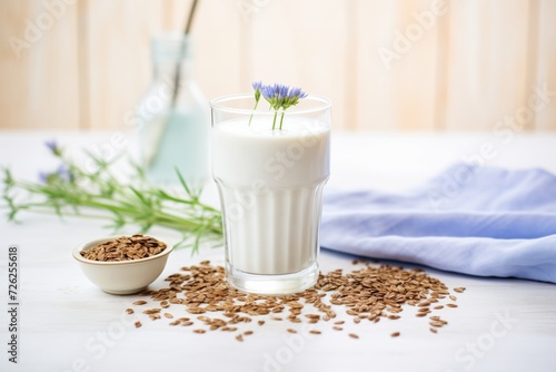 flax milk in a glass with flax seeds on the table