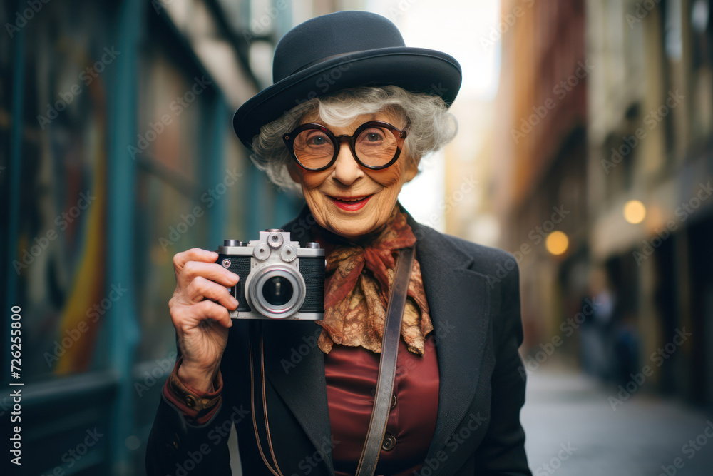Photo of a dapper elderly woman taking photos with a vintage camera in an urban environment
Photo of a dapper elderly woman taking photos with a vintage camera in an urban environment