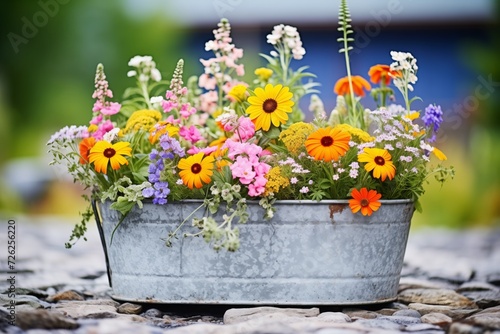 mixed flowers planted in an old metal wash tub