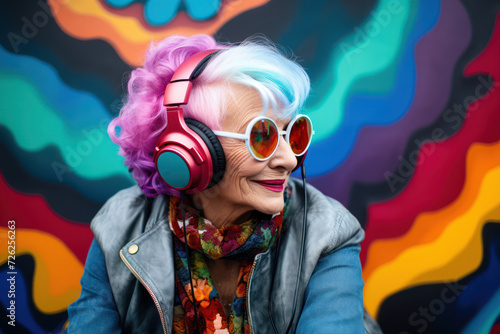 A stylish elderly lady with vibrant dyed hair, listening to music on trendy headphones, sitting in an urban setting