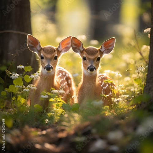 Alert Twin Fawns in Forest: Captivating Wildlife Scene © Harris