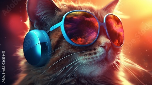 Cool Cat in Headphones and Sunglasses Listens to Music

