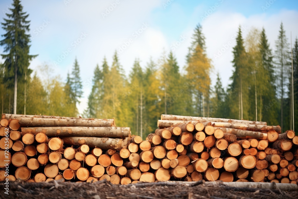 cut trees stacked next to a healthy forest