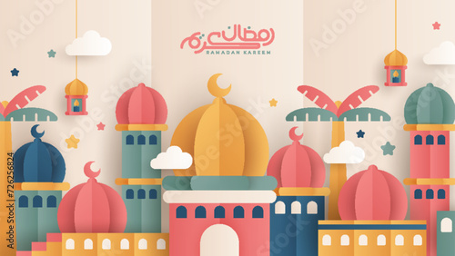 Islamic Ramadan Kareem banner paper cut design and colorful style. Features images of mosques, moons, domes and lanterns. Minimalist illustration.